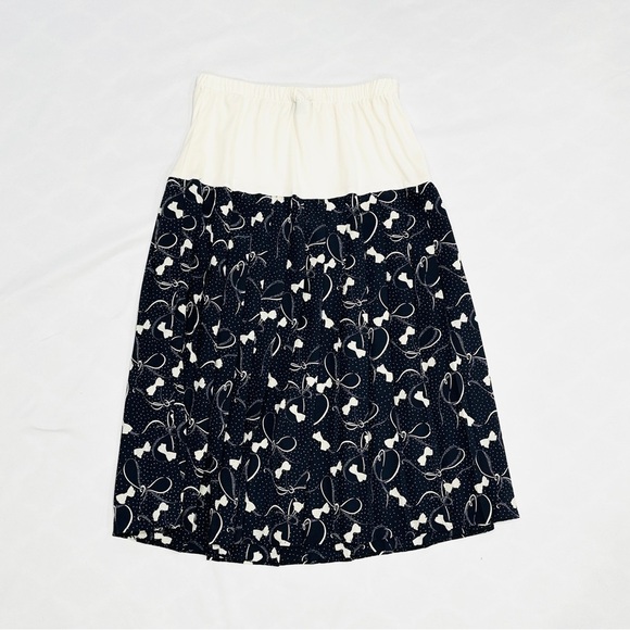 Vintage Allisia Drop Waist Cream Navy Bows Ribbons Printed Pleated Skirt - Picture 6 of 8